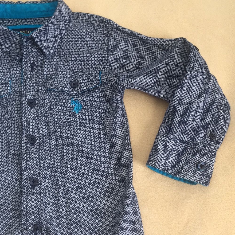 US Polo Association Button Up Dress Shirt Boys Size 4 Blue Roll Tab Sleeves